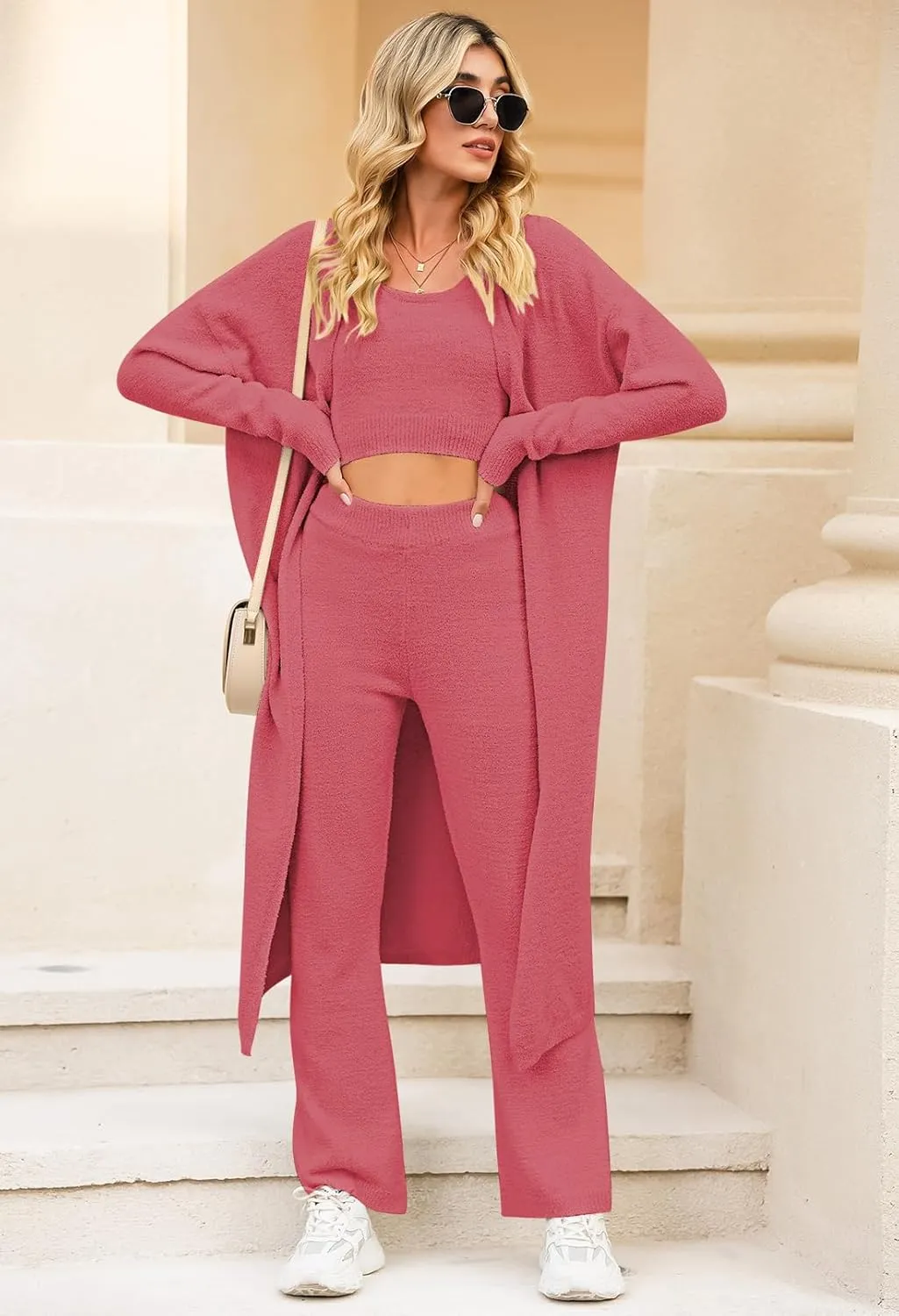 TOLENY Women's Fuzzy 3 Piece Lounge Sets Sweatsuits Open Front Cardigan Crop Tank Tops Wide Legs Pants Outfits