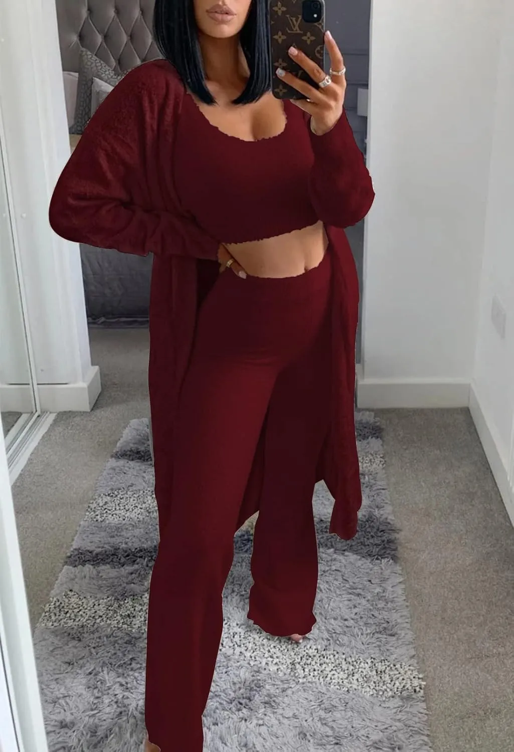 TOLENY Women's Fuzzy 3 Piece Lounge Sets Sweatsuits Open Front Cardigan Crop Tank Tops Wide Legs Pants Outfits