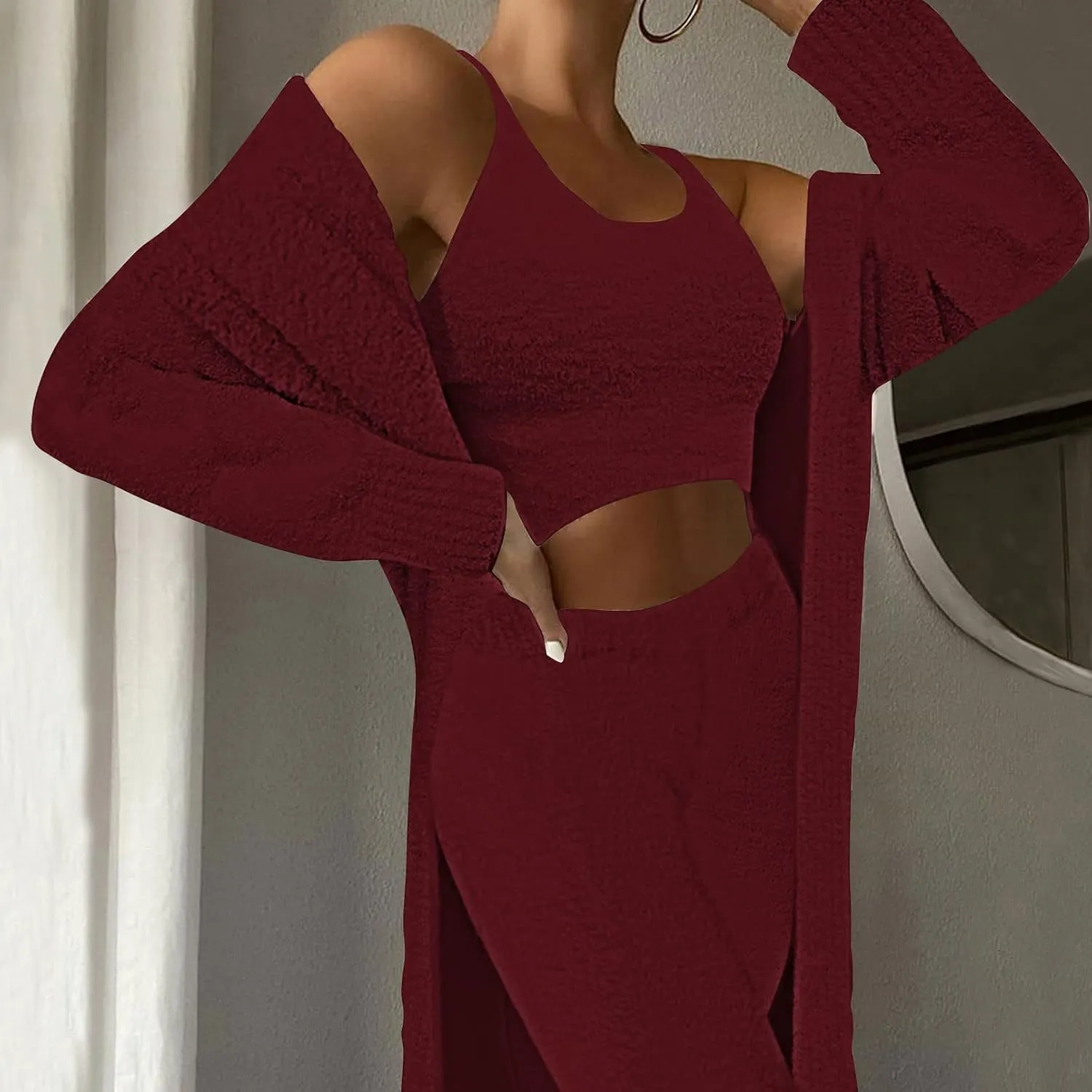 TOLENY Women's Fuzzy 3 Piece Lounge Sets Sweatsuits Open Front Cardigan Crop Tank Tops Wide Legs Pants Outfits