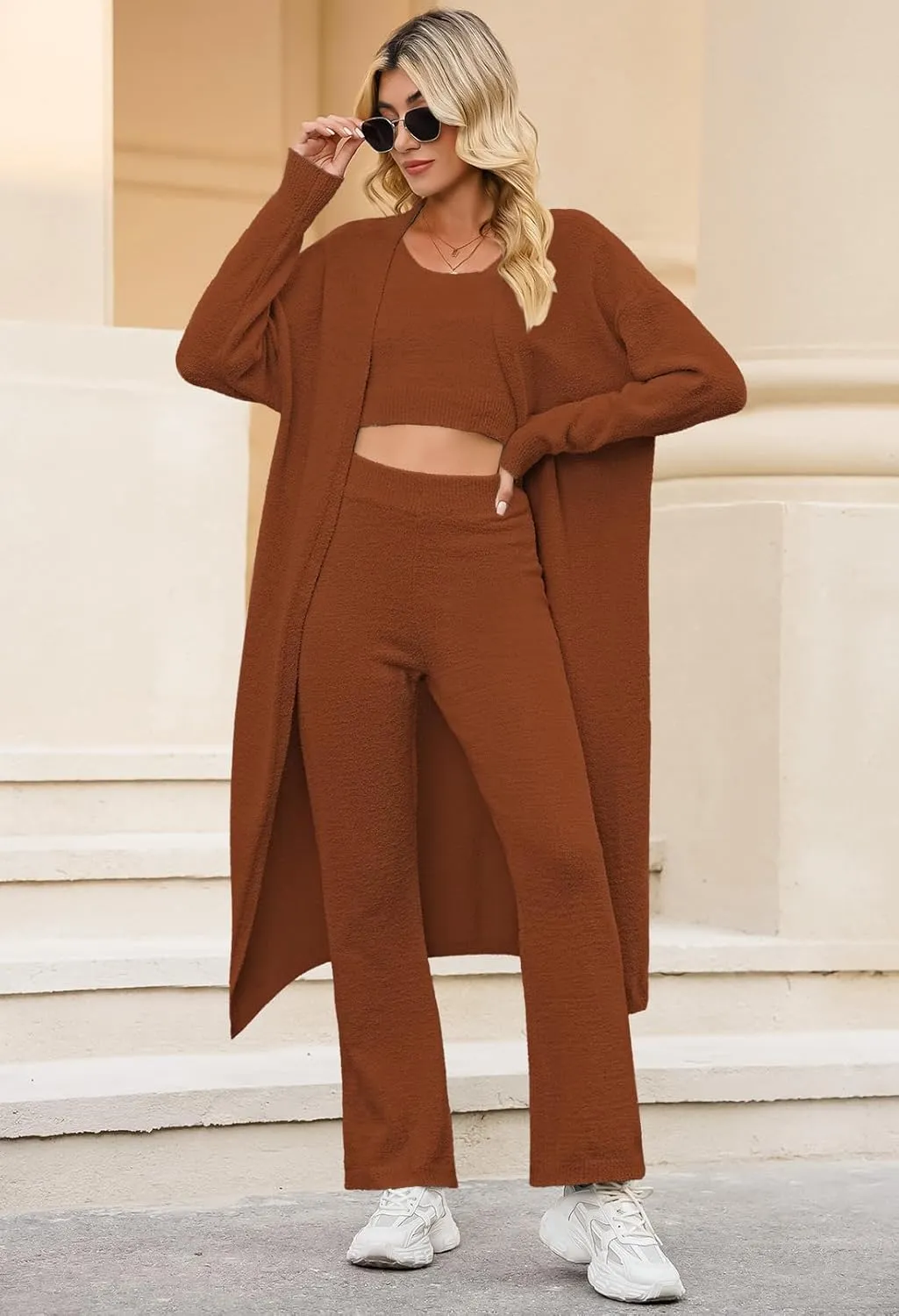 TOLENY Women's Fuzzy 3 Piece Lounge Sets Sweatsuits Open Front Cardigan Crop Tank Tops Wide Legs Pants Outfits