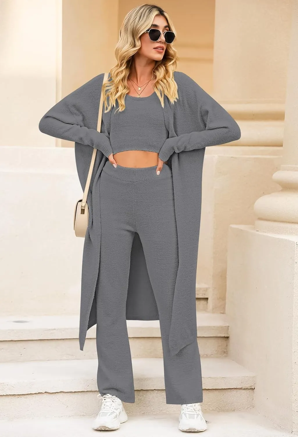 TOLENY Women's Fuzzy 3 Piece Lounge Sets Sweatsuits Open Front Cardigan Crop Tank Tops Wide Legs Pants Outfits