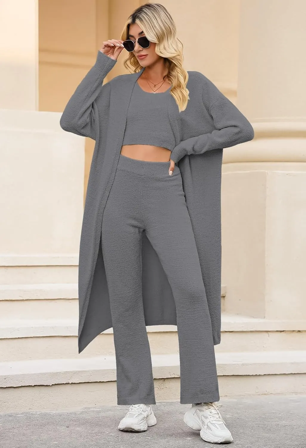 TOLENY Women's Fuzzy 3 Piece Lounge Sets Sweatsuits Open Front Cardigan Crop Tank Tops Wide Legs Pants Outfits