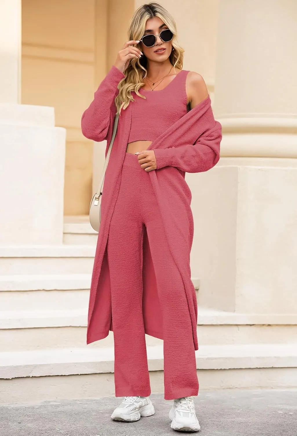TOLENY Women's Fuzzy 3 Piece Lounge Sets Sweatsuits Open Front Cardigan Crop Tank Tops Wide Legs Pants Outfits