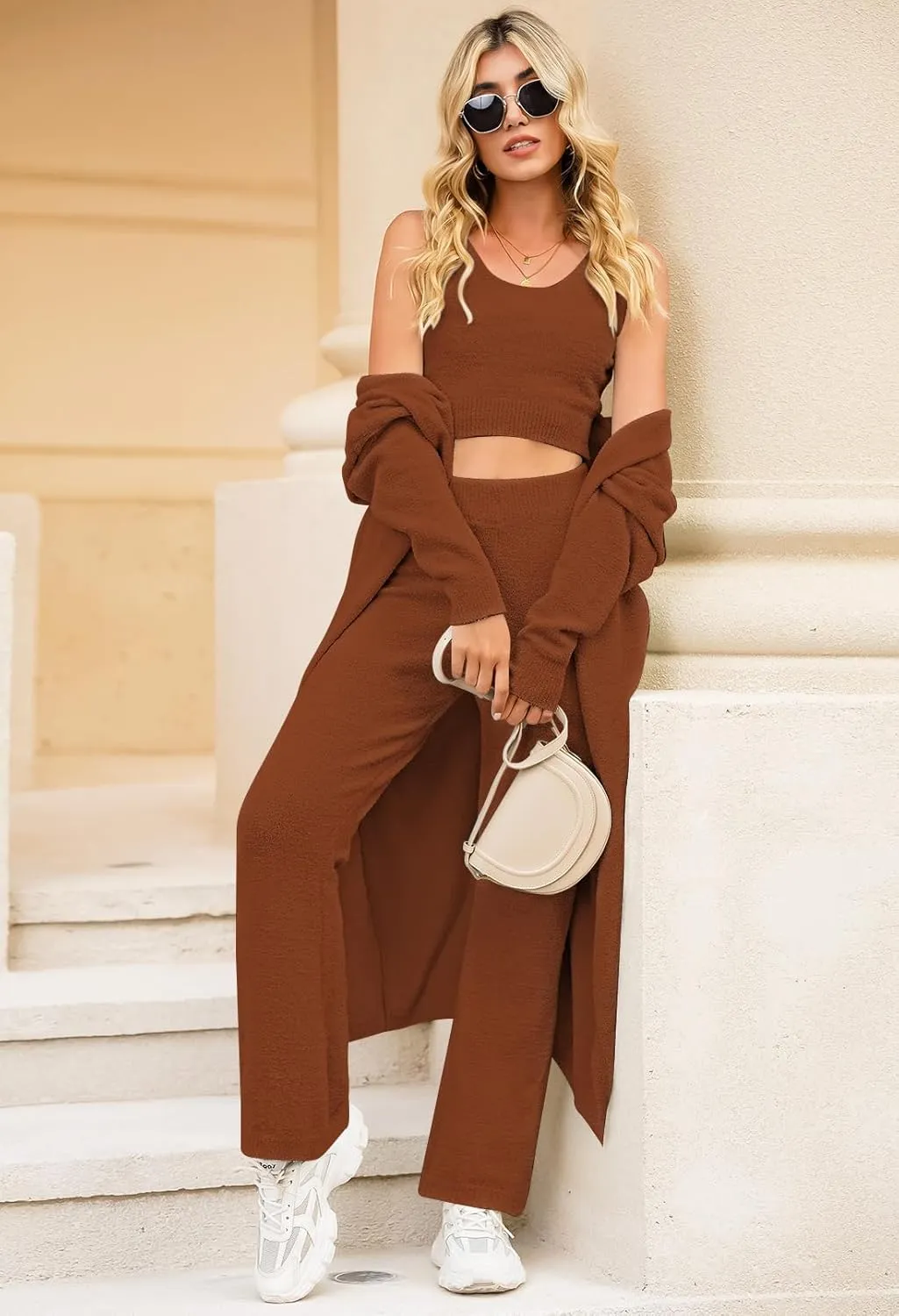 TOLENY Women's Fuzzy 3 Piece Lounge Sets Sweatsuits Open Front Cardigan Crop Tank Tops Wide Legs Pants Outfits