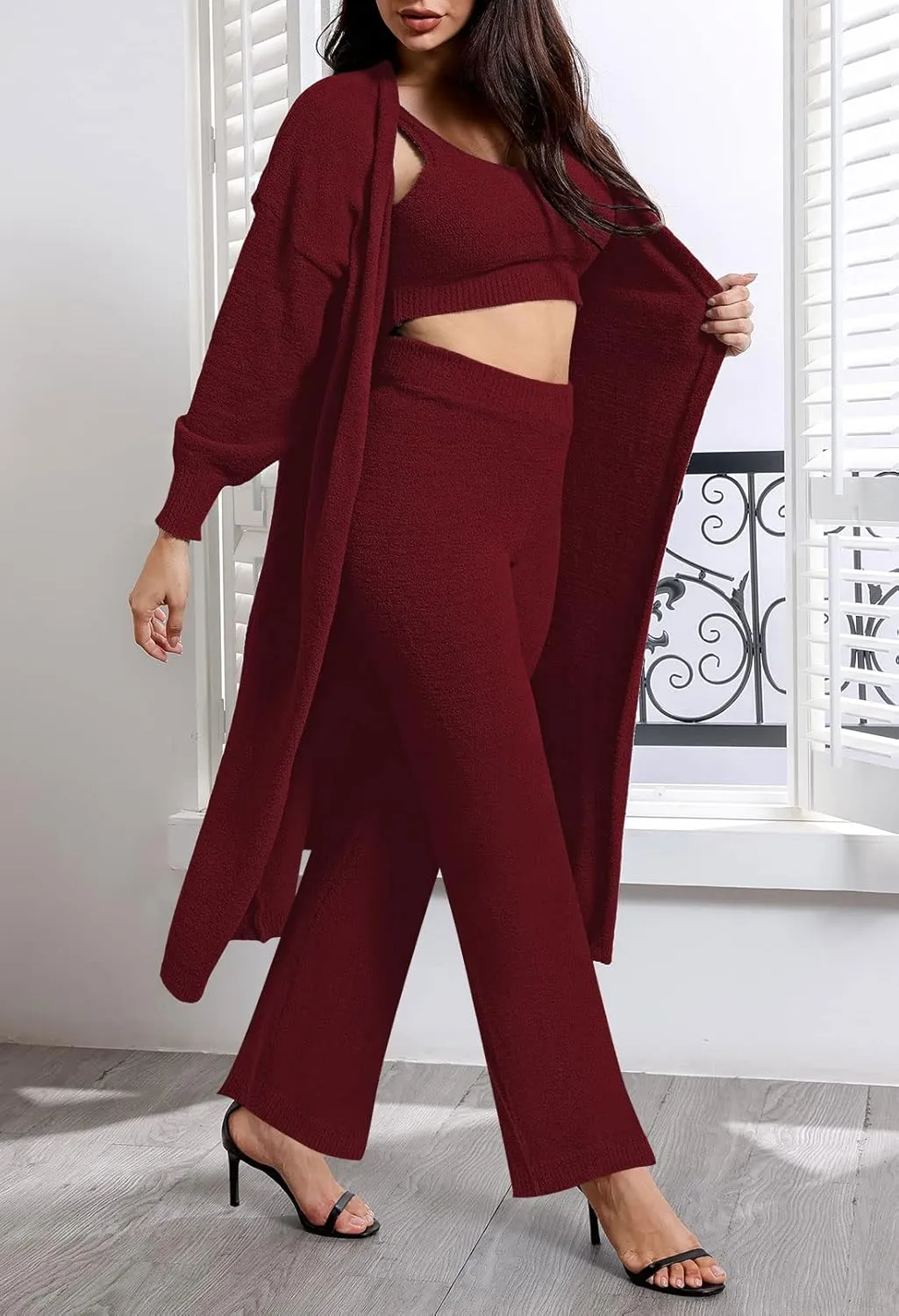 TOLENY Women's Fuzzy 3 Piece Lounge Sets Sweatsuits Open Front Cardigan Crop Tank Tops Wide Legs Pants Outfits