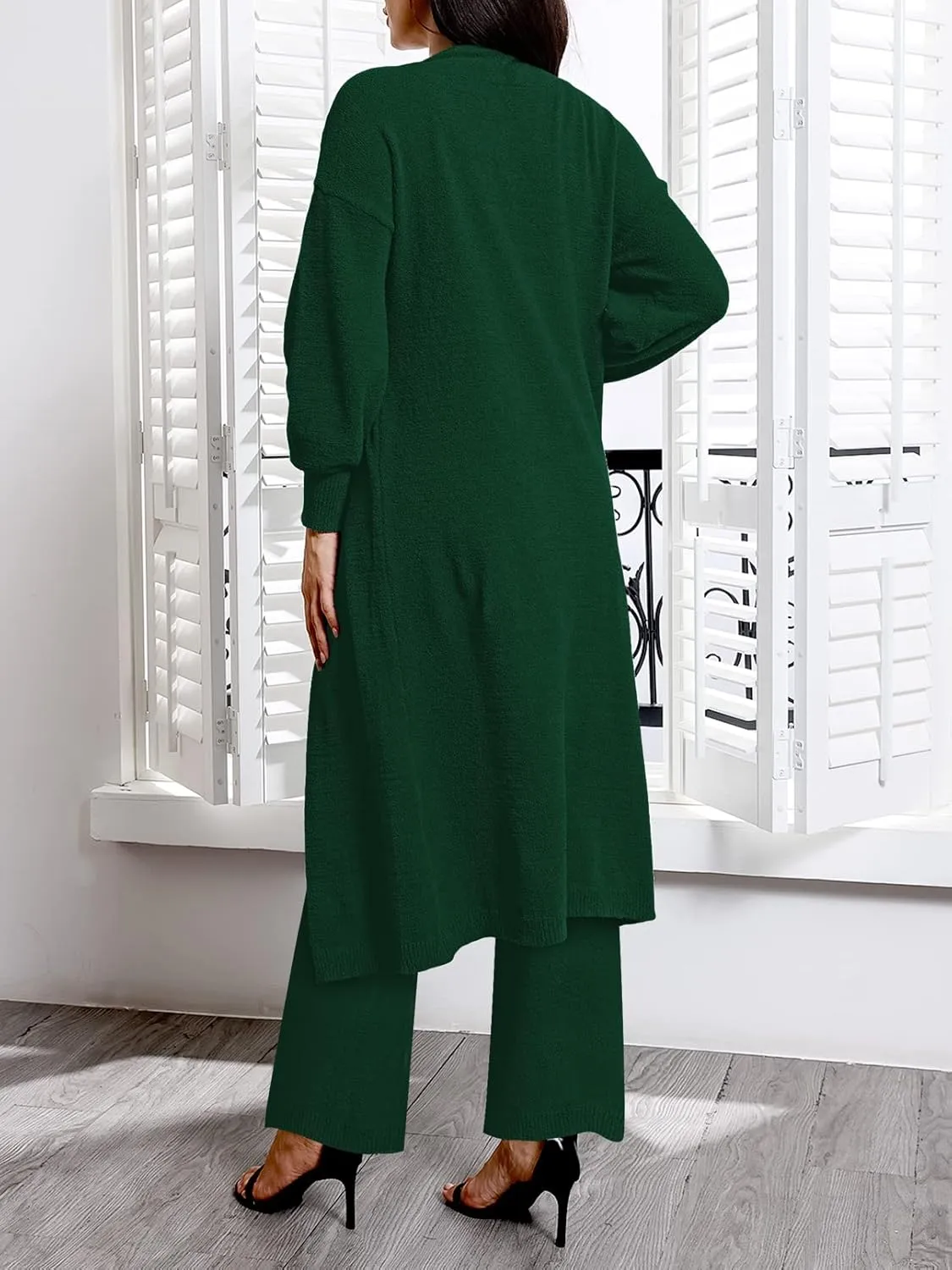 TOLENY Women's Fuzzy 3 Piece Lounge Sets Sweatsuits Open Front Cardigan Crop Tank Tops Wide Legs Pants Outfits