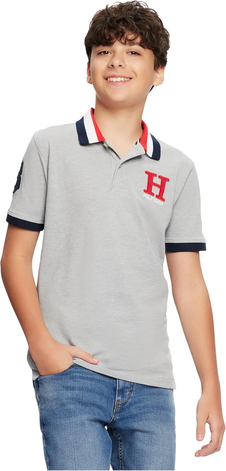 Tommy Hilfiger Boys' Short Sleeve Premium Pique Polo Shirt, Button Closure, Soft & Comfortable