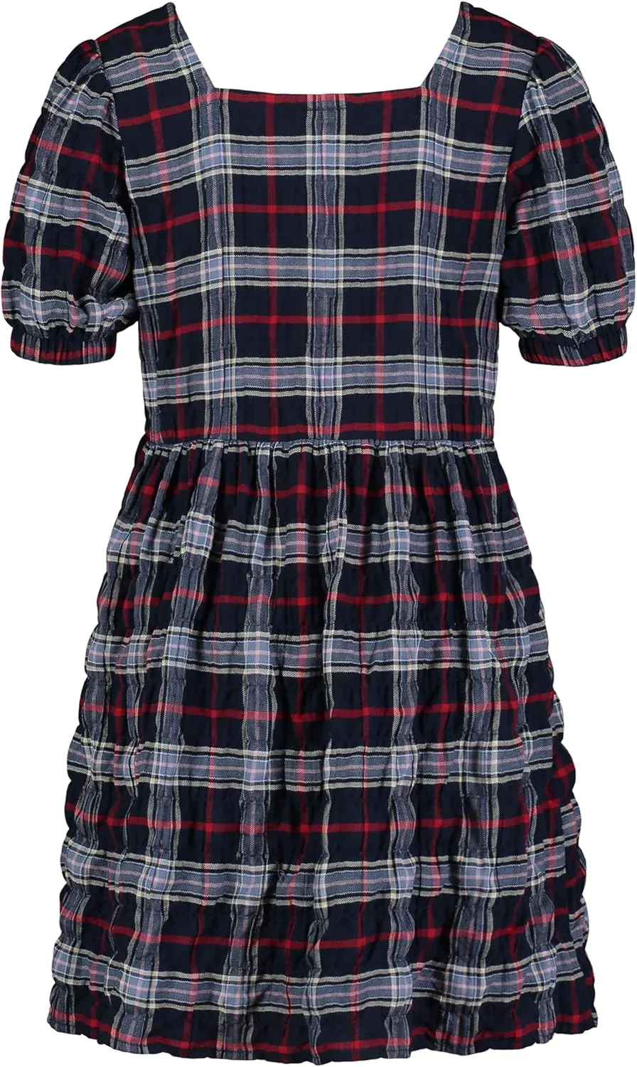 Tommy Hilfiger Girls' Seersucker Plaid Dress with Bubble Sleeve, Everyday Casual Wear, Soft & Comfortable Fit