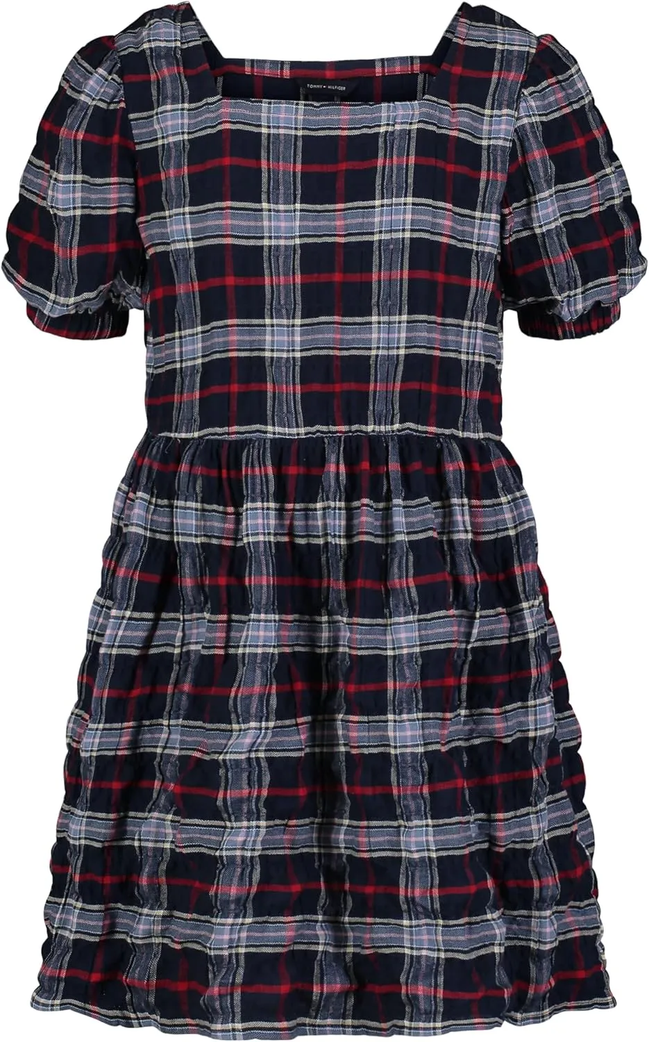 Tommy Hilfiger Girls' Seersucker Plaid Dress with Bubble Sleeve, Everyday Casual Wear, Soft & Comfortable Fit