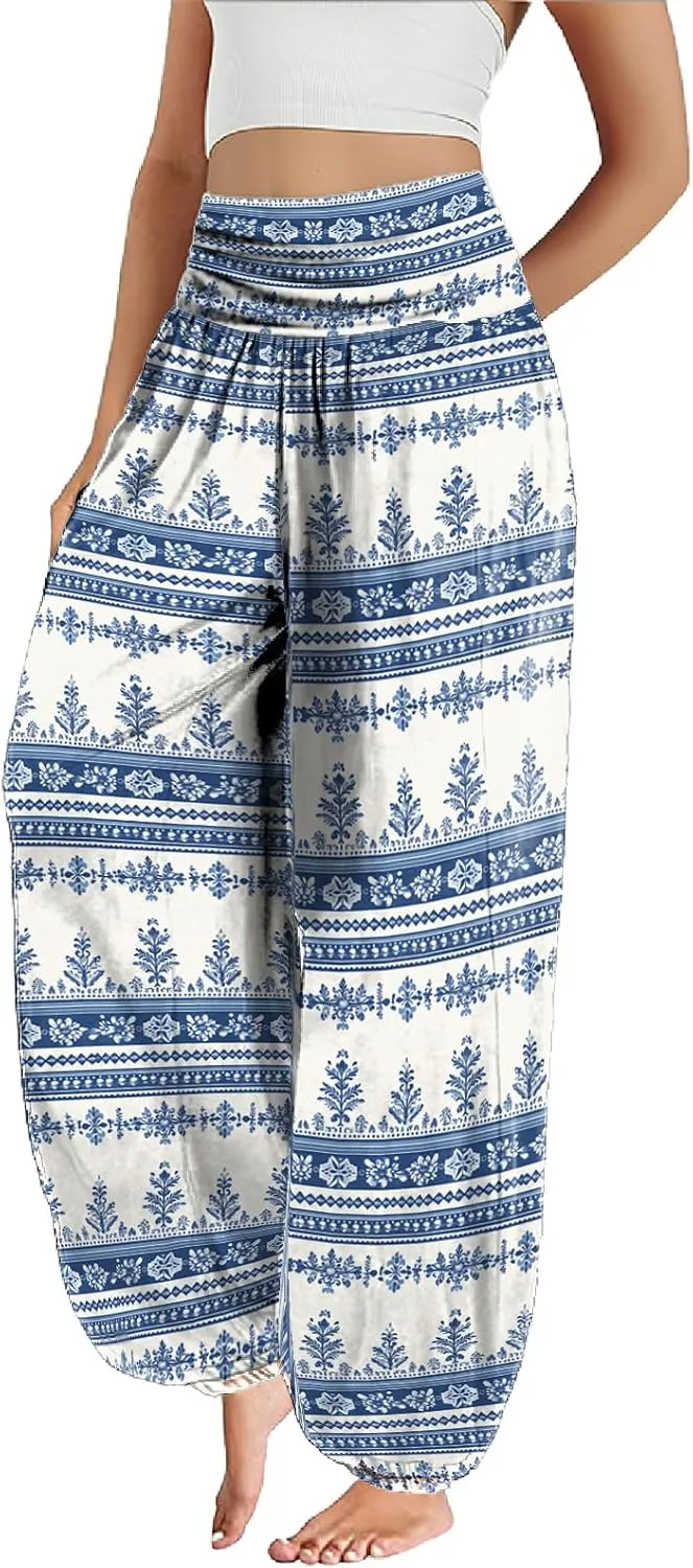 Trendy Boho Harem Pants Women Casual High Smocked Waist Yoga Pants Plus Size Loose Daily Lightweight Joggers