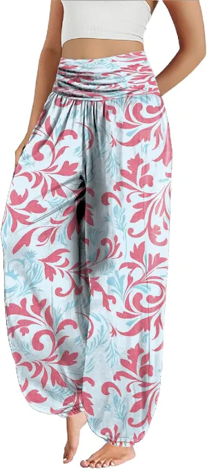 Trendy Boho Harem Pants Women Casual High Smocked Waist Yoga Pants Plus Size Loose Daily Lightweight Joggers