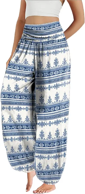 Trendy Boho Harem Pants Women Casual High Smocked Waist Yoga Pants Plus Size Loose Daily Lightweight Joggers
