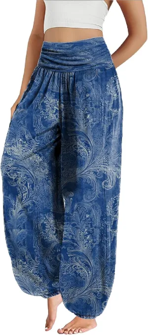 Trendy Boho Harem Pants Women Casual High Smocked Waist Yoga Pants Plus Size Loose Daily Lightweight Joggers