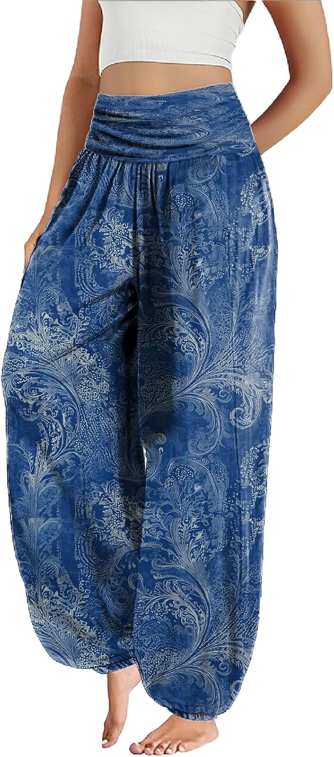 Trendy Boho Harem Pants Women Casual High Smocked Waist Yoga Pants Plus Size Loose Daily Lightweight Joggers