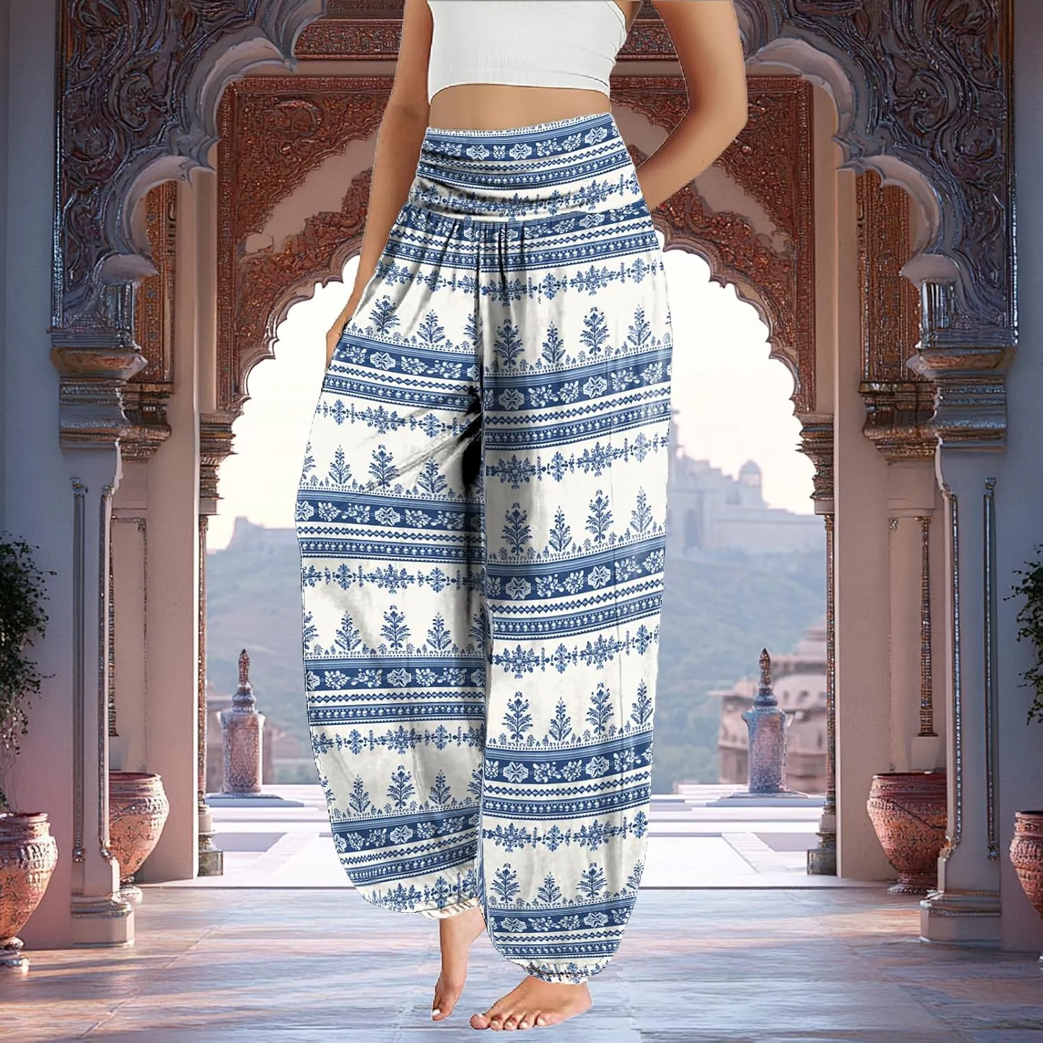 Trendy Boho Harem Pants Women Casual High Smocked Waist Yoga Pants Plus Size Loose Daily Lightweight Joggers