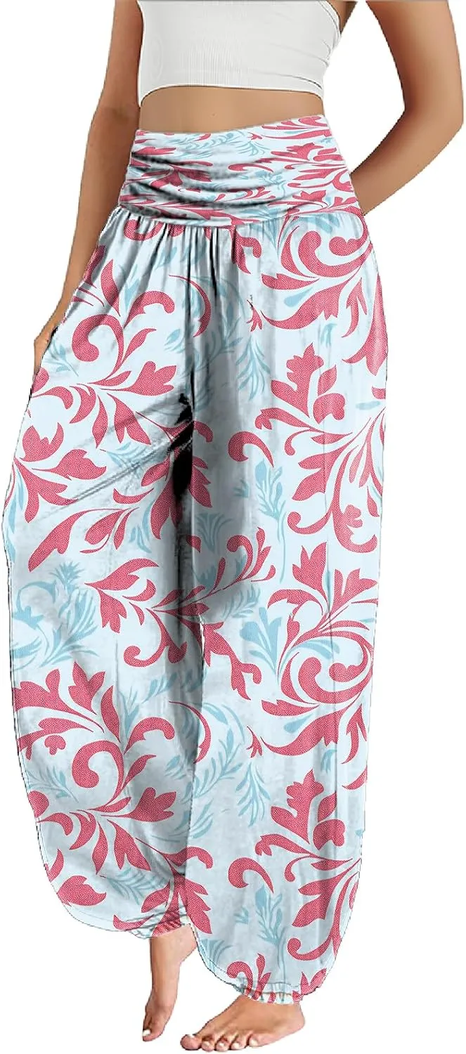 Trendy Boho Harem Pants Women Casual High Smocked Waist Yoga Pants Plus Size Loose Daily Lightweight Joggers