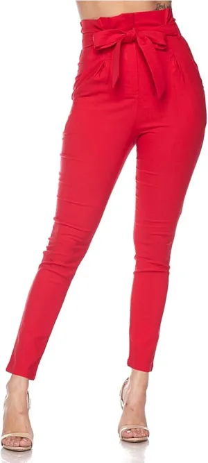 Twiin Sisters Women's High Waist Bow-Tie Paper Bag Waist Casual Stretch Pants Trousers for Women with Spandex