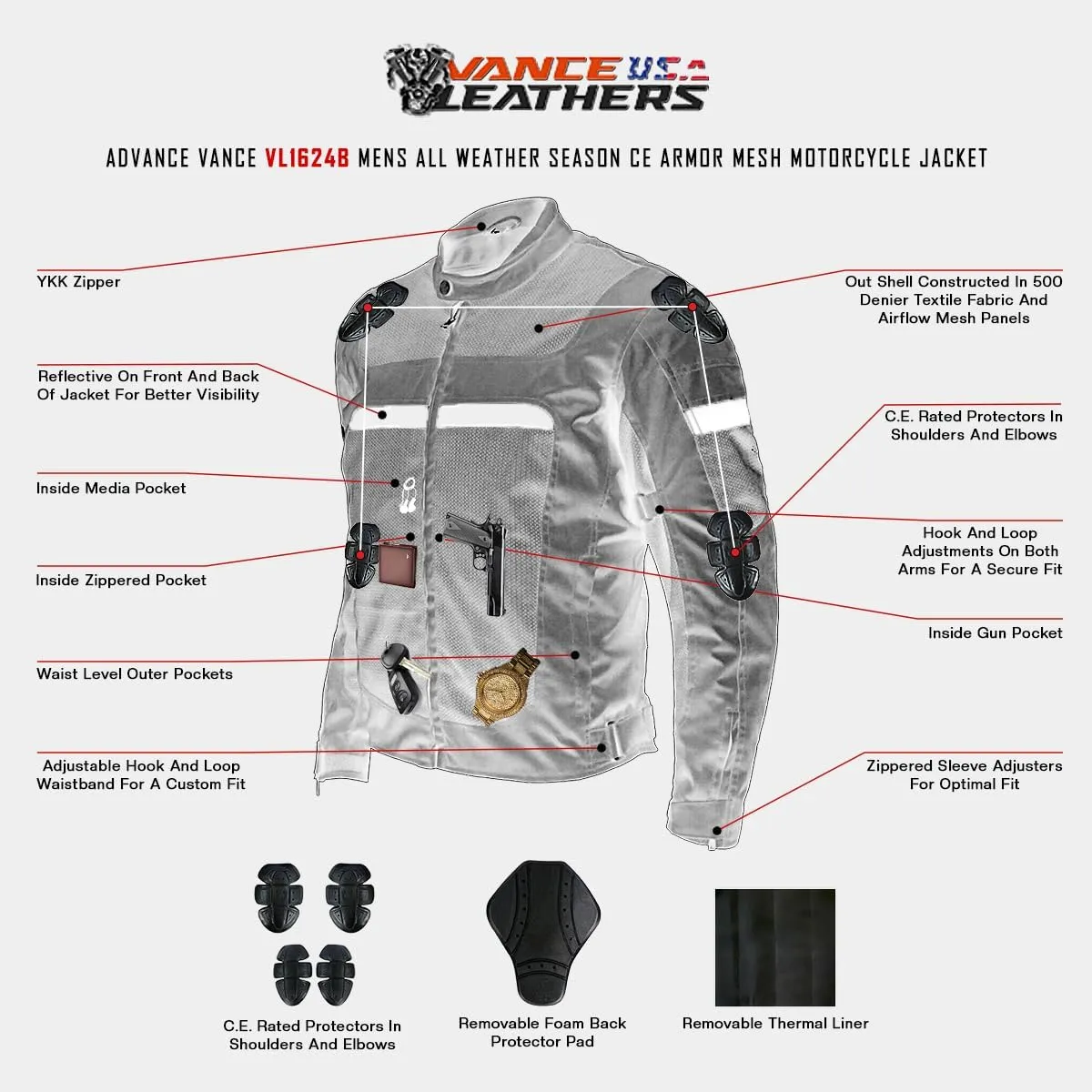 Vance Leather Mens Advanced All-Season Reflective Mesh & Textile Motorcycle Jacket w/CE Armor & Removable Liner