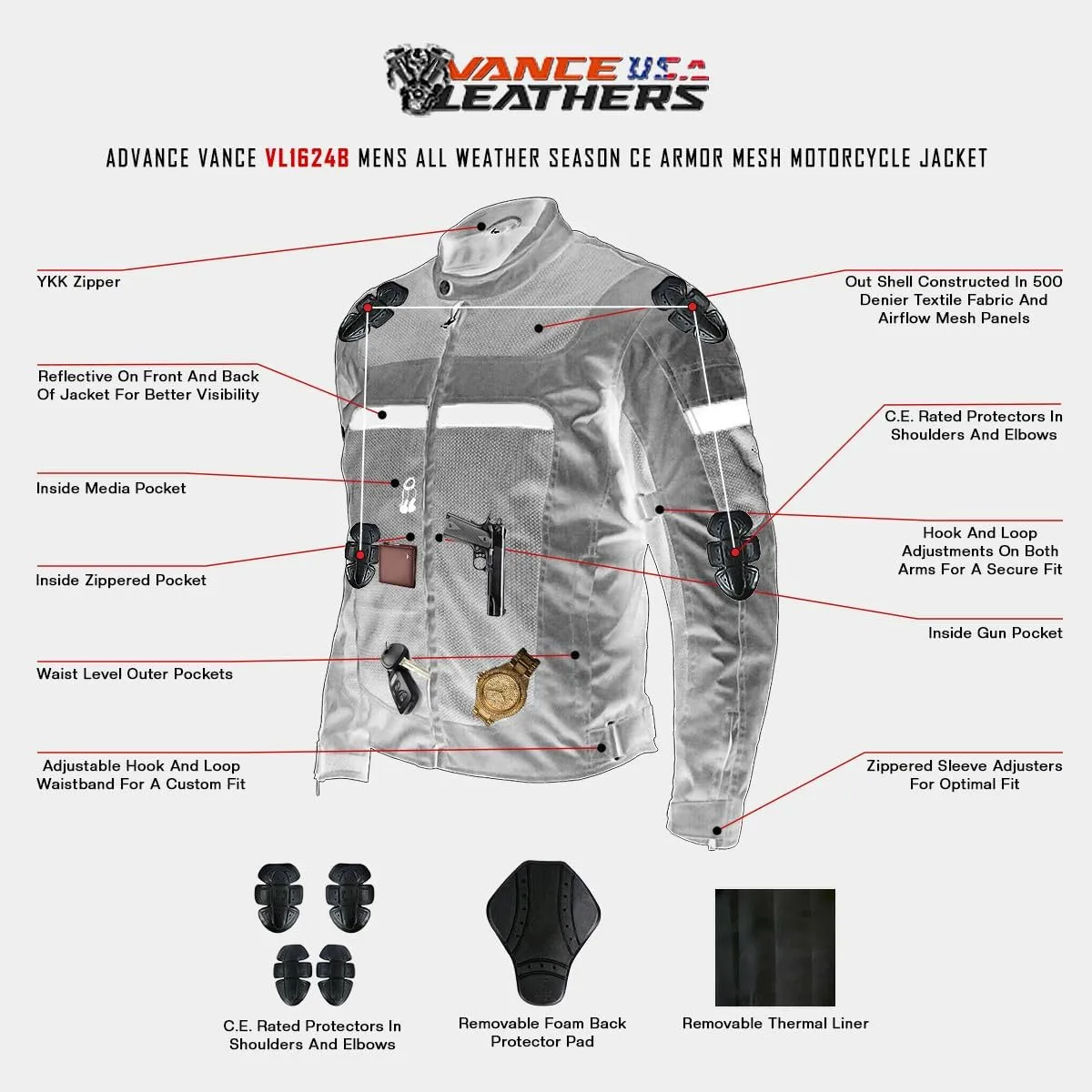 Vance Leather Mens Advanced All-Season Reflective Mesh & Textile Motorcycle Jacket w/CE Armor & Removable Liner