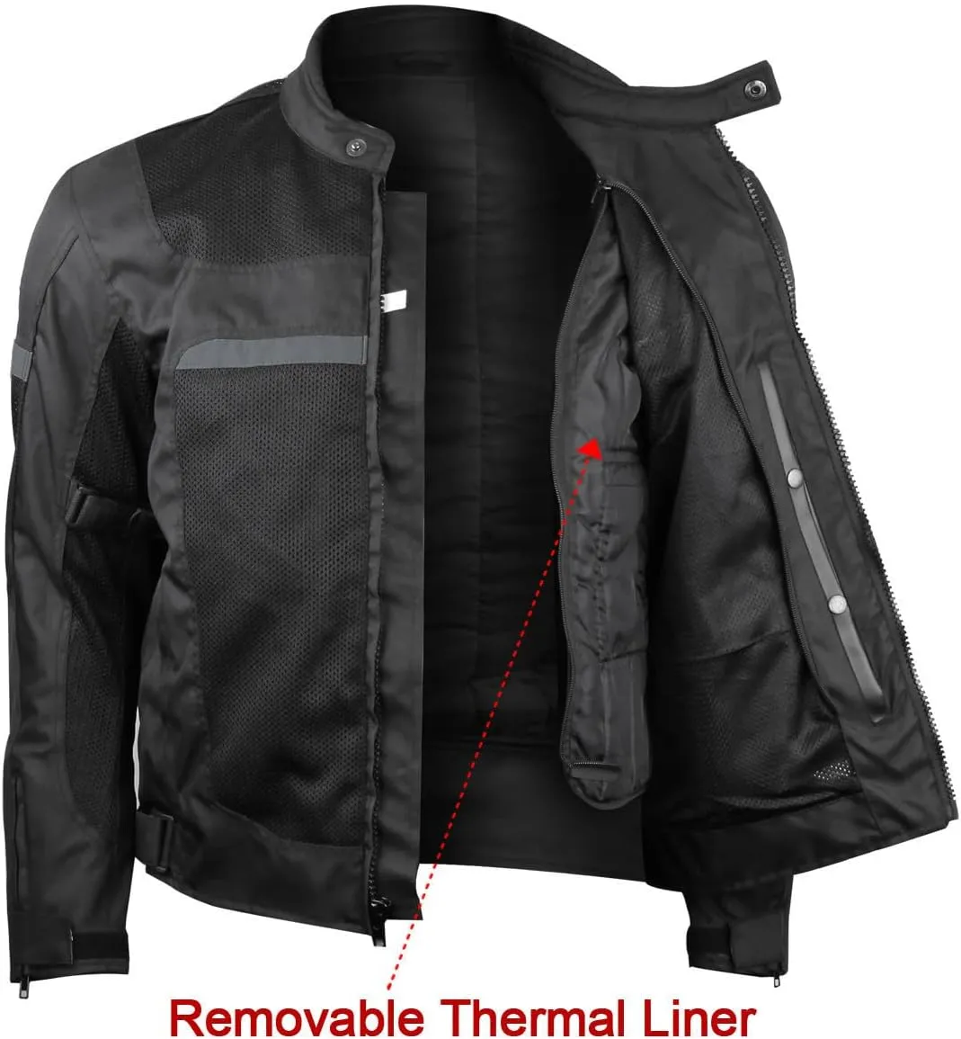 Vance Leather Mens Advanced All-Season Reflective Mesh & Textile Motorcycle Jacket w/CE Armor & Removable Liner