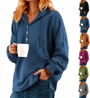 Vintage Solid Color Long Sleeve Buttoned Sweatshirt for Women, Womens Oversized Hoodie, Soft Cotton Fleece Crewneck