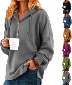 Vintage Solid Color Long Sleeve Buttoned Sweatshirt for Women, Womens Oversized Hoodie, Soft Cotton Fleece Crewneck