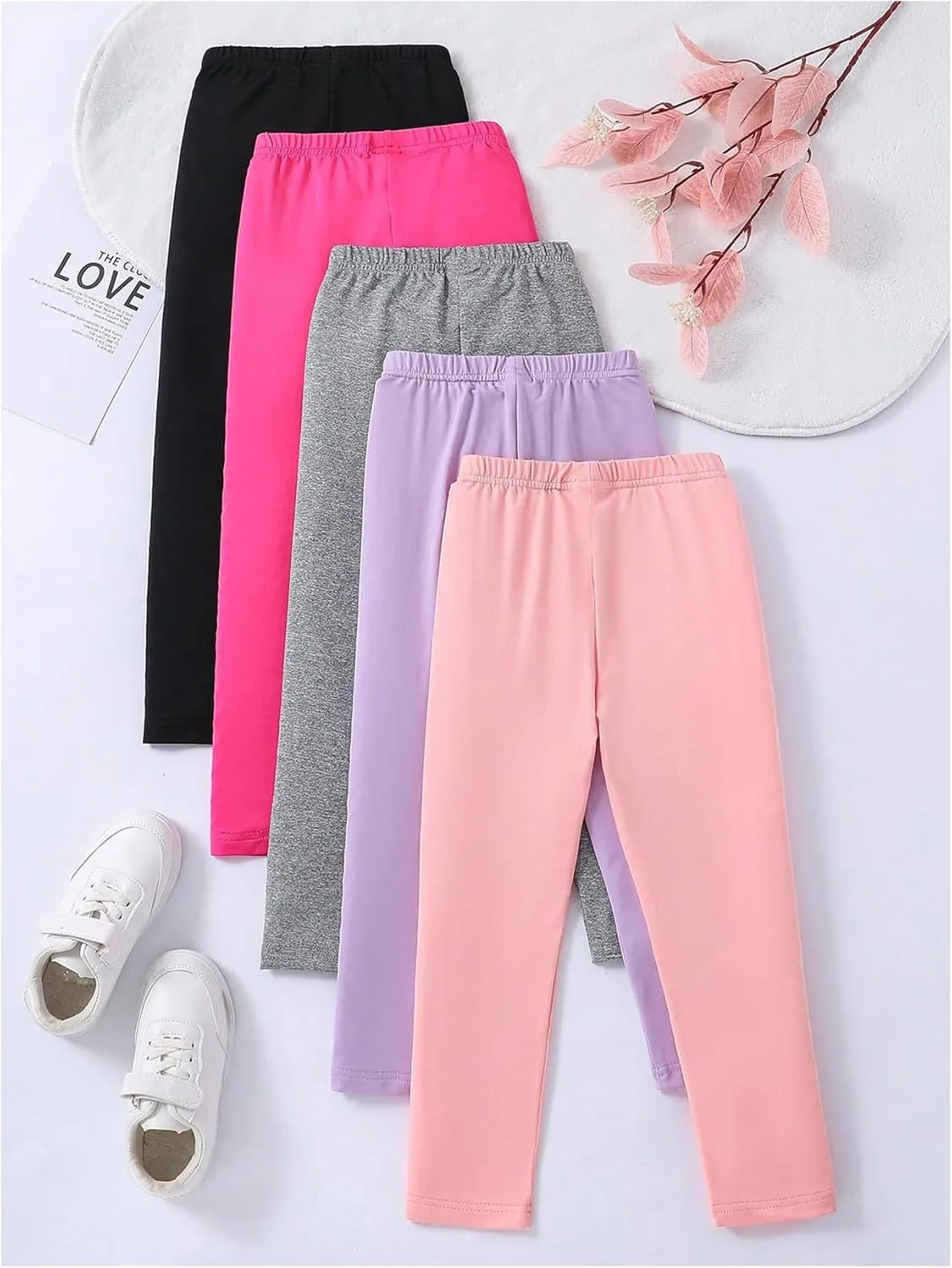 WDIRARA Girl's 5 Pack Elastic Waist Pants Casual Stretch Leggings Comfortable Bottoms Set