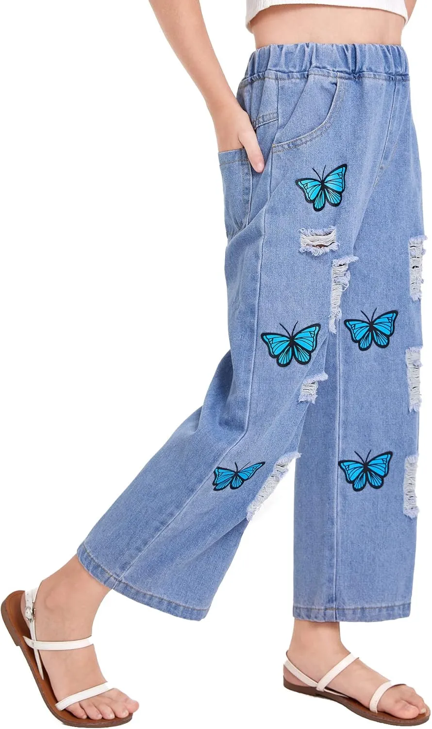 WDIRARA Girl's Butterfly Print Elastic Waist Wide Leg Ripped Jeans Denim Pants