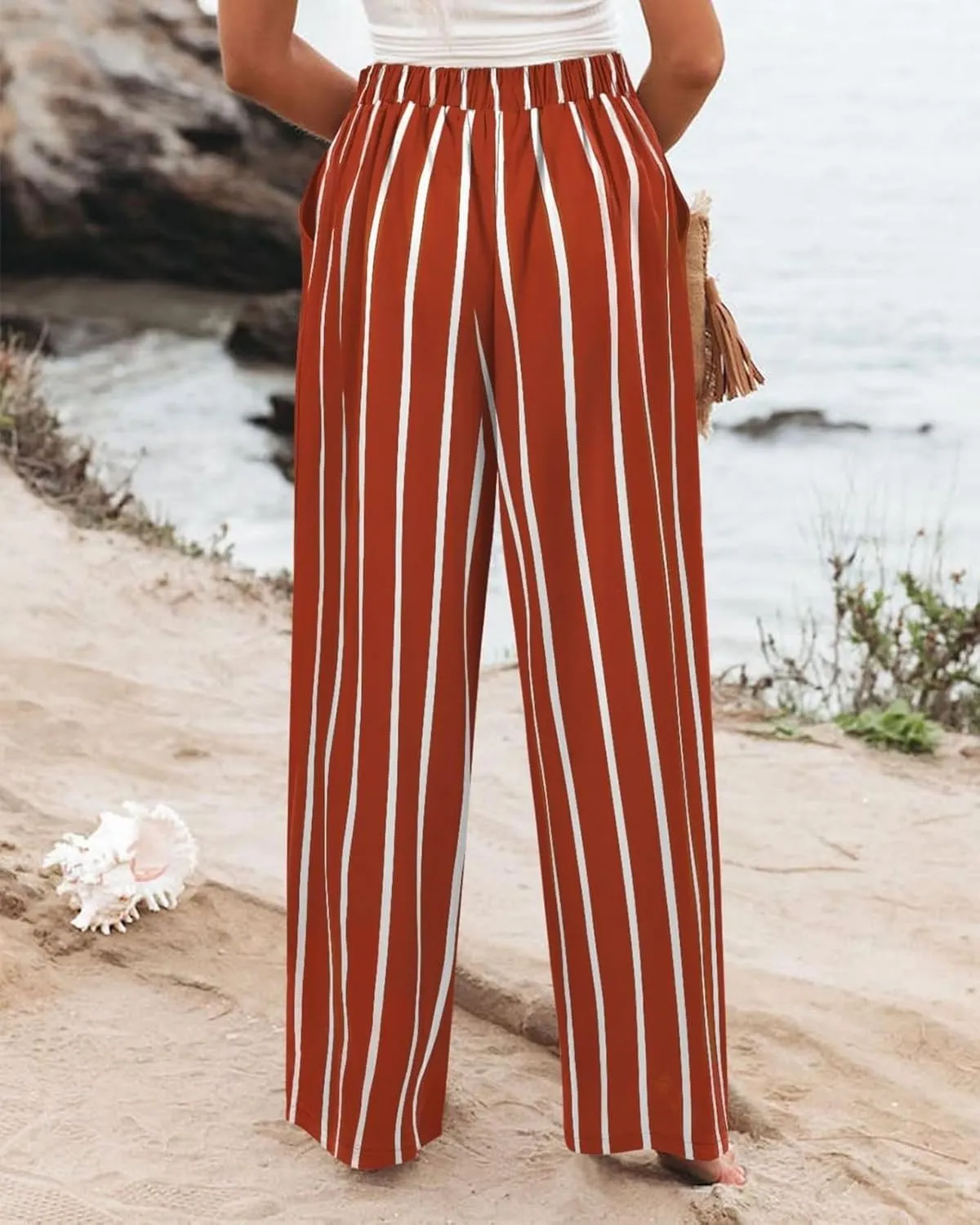 Wide Leg Dress Pants for Women Business Casual Elastic Waist Comfy Work Pants Baggy Lounge Pants Trousers with Pocket