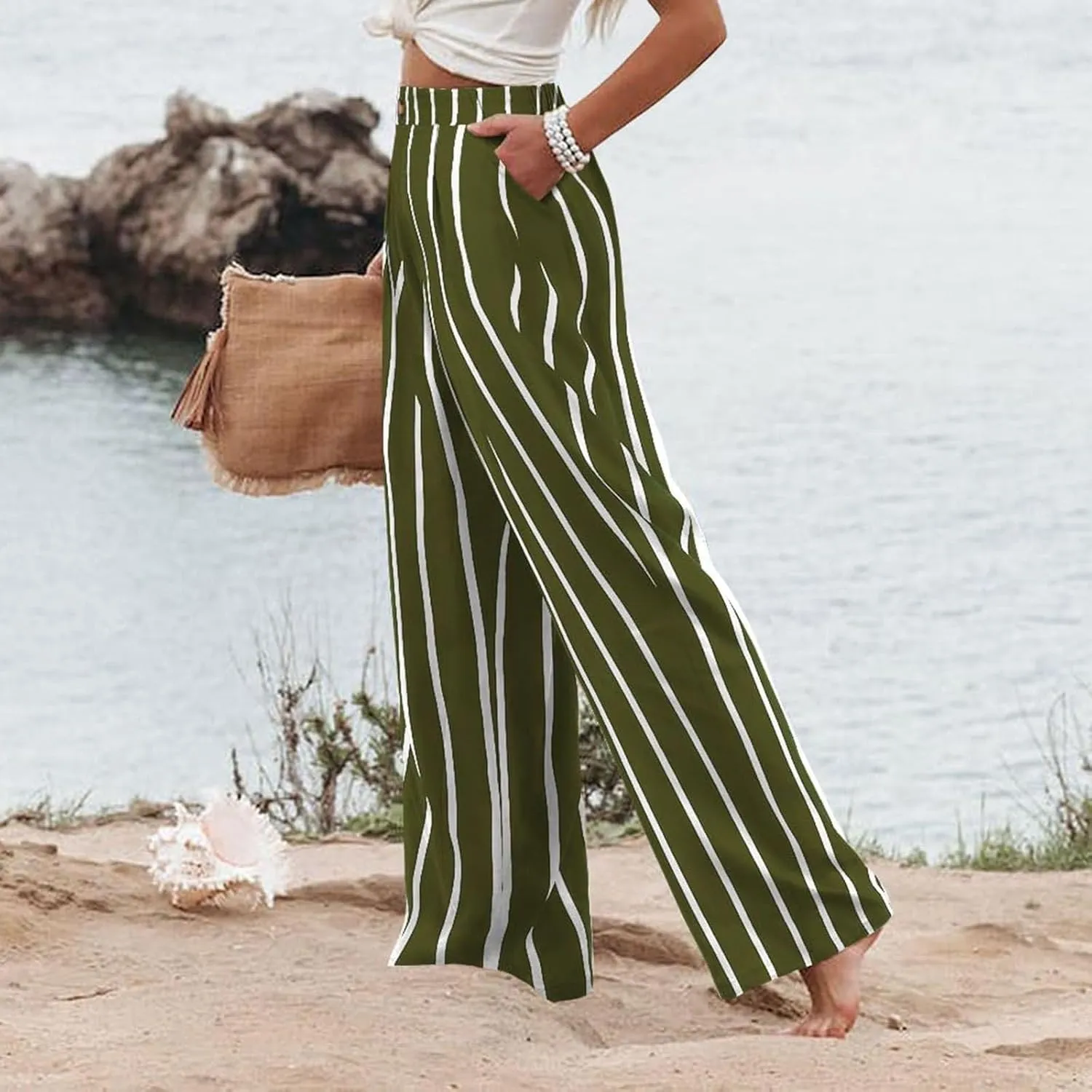 Wide Leg Dress Pants for Women Business Casual Elastic Waist Comfy Work Pants Baggy Lounge Pants Trousers with Pocket