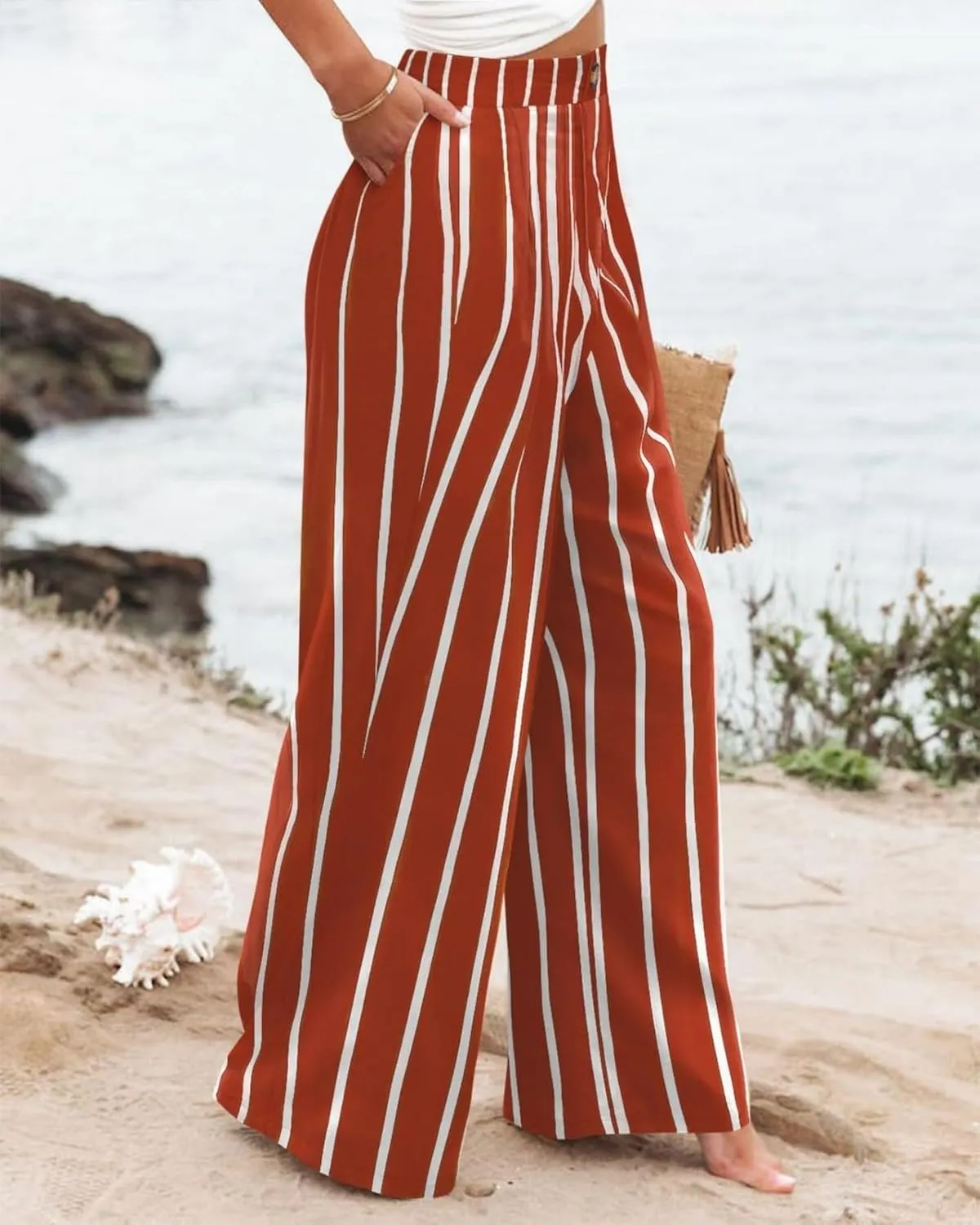 Wide Leg Dress Pants for Women Business Casual Elastic Waist Comfy Work Pants Baggy Lounge Pants Trousers with Pocket