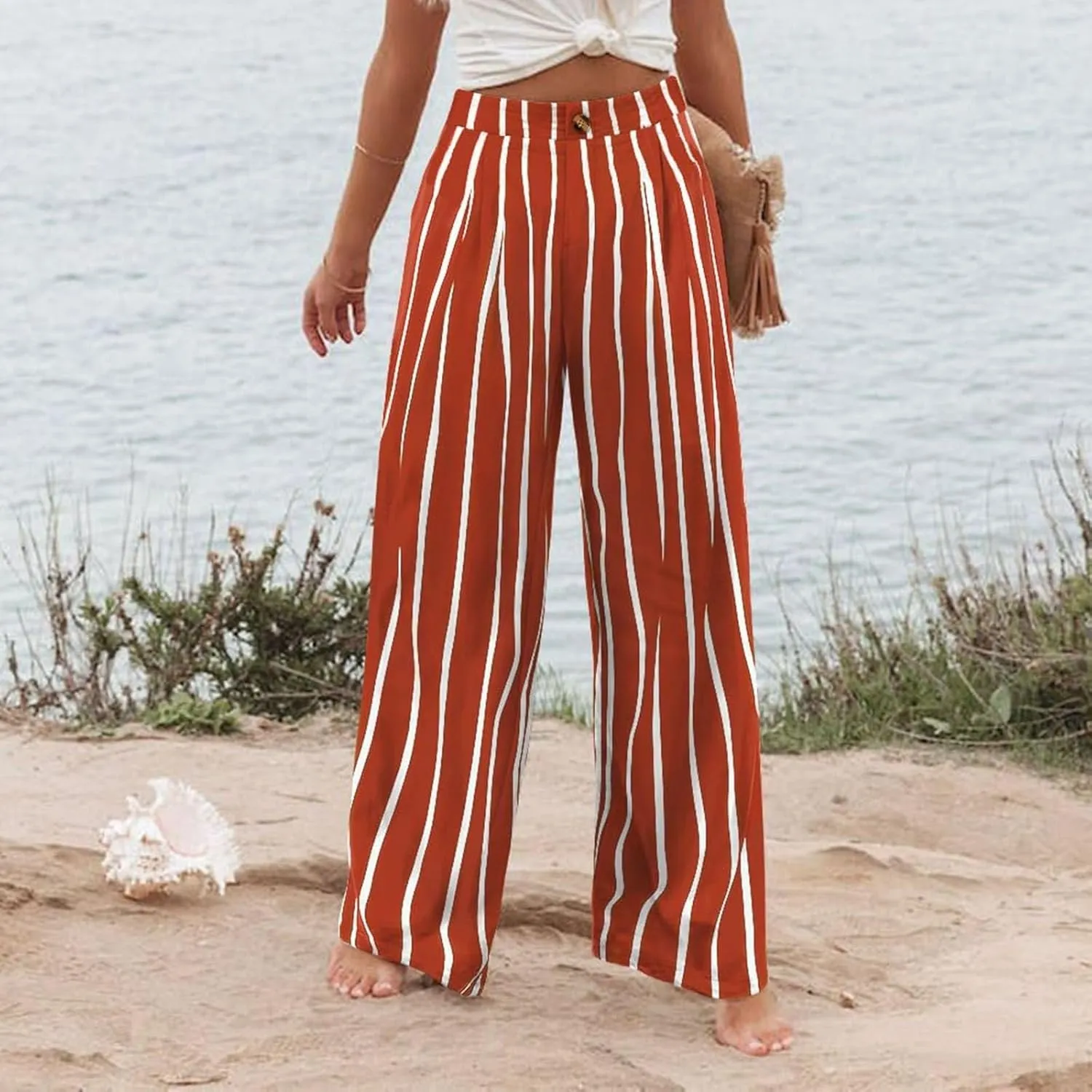 Wide Leg Dress Pants for Women Business Casual Elastic Waist Comfy Work Pants Baggy Lounge Pants Trousers with Pocket