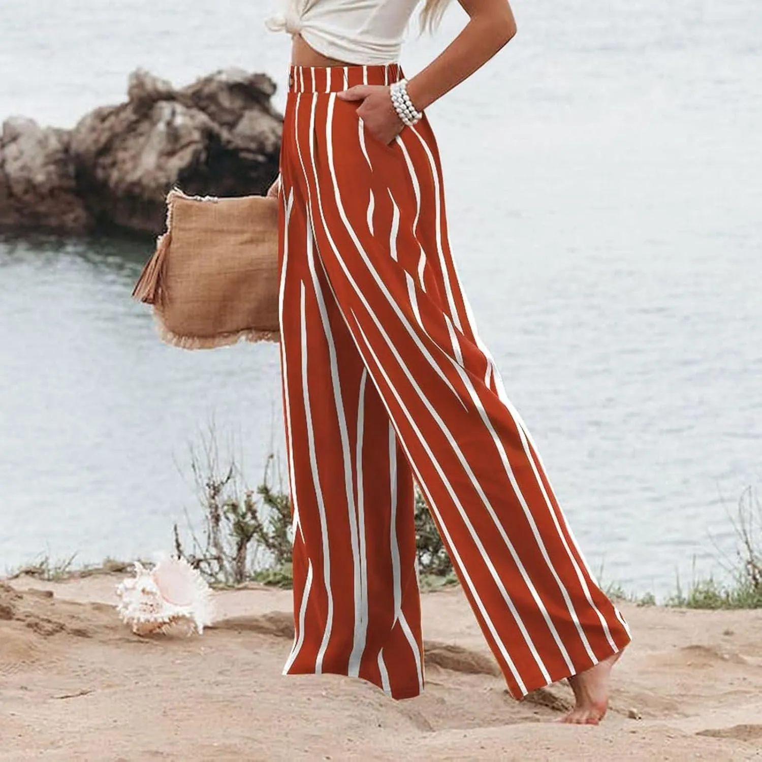 Wide Leg Dress Pants for Women Business Casual Elastic Waist Comfy Work Pants Baggy Lounge Pants Trousers with Pocket