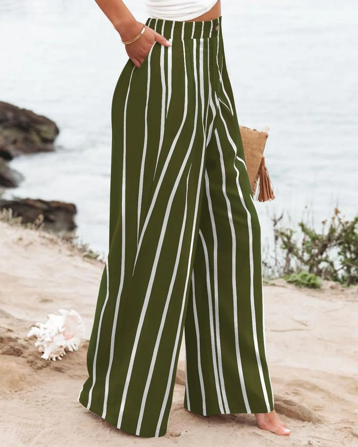 Wide Leg Dress Pants for Women Business Casual Elastic Waist Comfy Work Pants Baggy Lounge Pants Trousers with Pocket