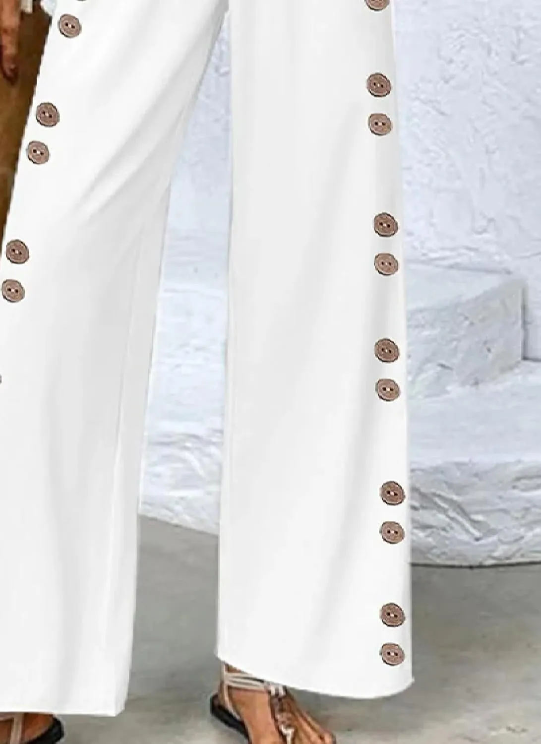 Wide Leg Pants for Women Striped Print Mid Waisted Palazzo Lounge Pants Work Casual Flowy Button Trim Beach Trousers