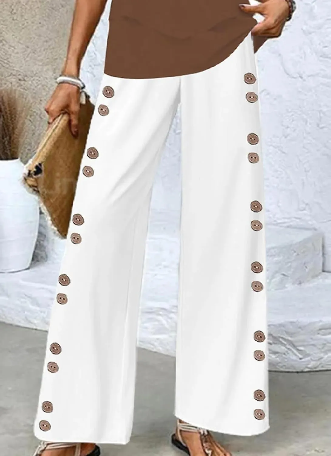 Wide Leg Pants for Women Striped Print Mid Waisted Palazzo Lounge Pants Work Casual Flowy Button Trim Beach Trousers