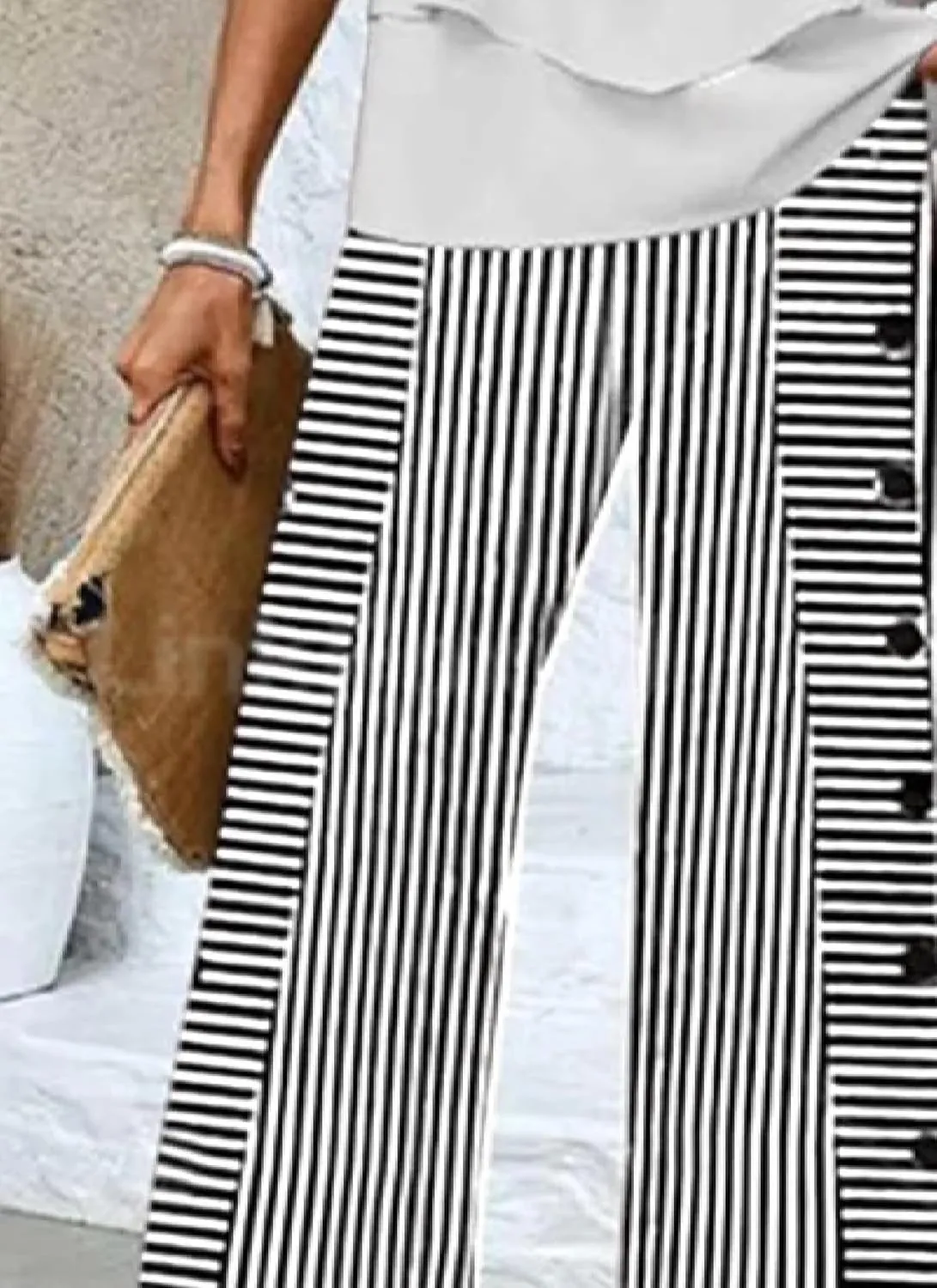 Wide Leg Pants for Women Striped Print Mid Waisted Palazzo Lounge Pants Work Casual Flowy Button Trim Beach Trousers