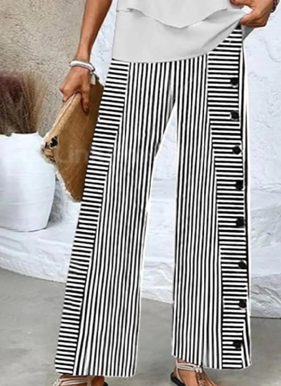 Wide Leg Pants for Women Striped Print Mid Waisted Palazzo Lounge Pants Work Casual Flowy Button Trim Beach Trousers