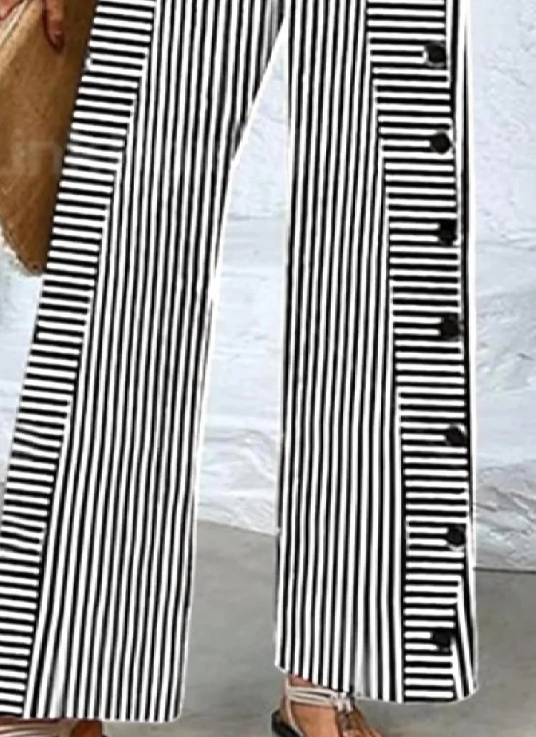 Wide Leg Pants for Women Striped Print Mid Waisted Palazzo Lounge Pants Work Casual Flowy Button Trim Beach Trousers
