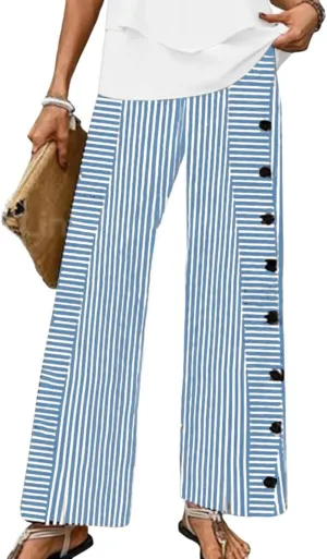 Wide Leg Pants for Women Striped Print Mid Waisted Palazzo Lounge Pants Work Casual Flowy Button Trim Beach Trousers