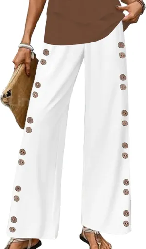 Wide Leg Pants for Women Striped Print Mid Waisted Palazzo Lounge Pants Work Casual Flowy Button Trim Beach Trousers
