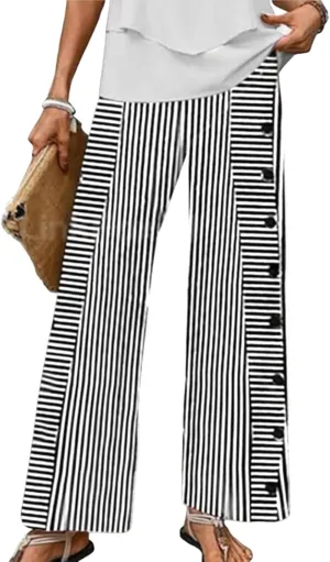 Wide Leg Pants for Women Striped Print Mid Waisted Palazzo Lounge Pants Work Casual Flowy Button Trim Beach Trousers