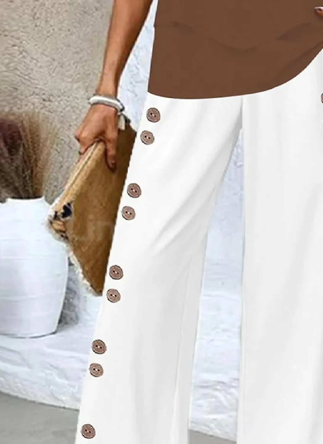 Wide Leg Pants for Women Striped Print Mid Waisted Palazzo Lounge Pants Work Casual Flowy Button Trim Beach Trousers