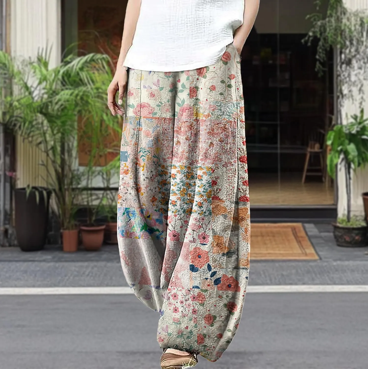 Wide Leg Patchwork Pants for Women Dressy Casual Palazzo Pants Plus Size Elastic Waist Lantern Harem Pants