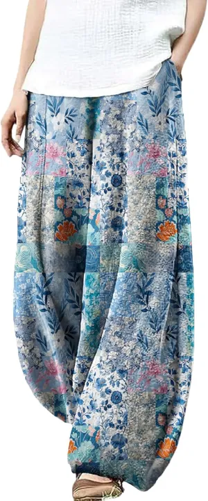 Wide Leg Patchwork Pants for Women Dressy Casual Palazzo Pants Plus Size Elastic Waist Lantern Harem Pants