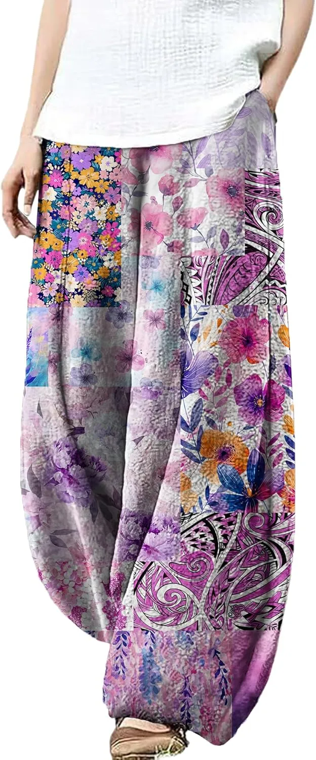 Wide Leg Patchwork Pants for Women Dressy Casual Palazzo Pants Plus Size Elastic Waist Lantern Harem Pants