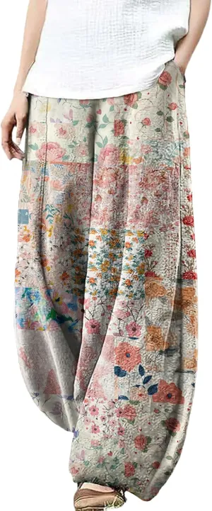 Wide Leg Patchwork Pants for Women Dressy Casual Palazzo Pants Plus Size Elastic Waist Lantern Harem Pants
