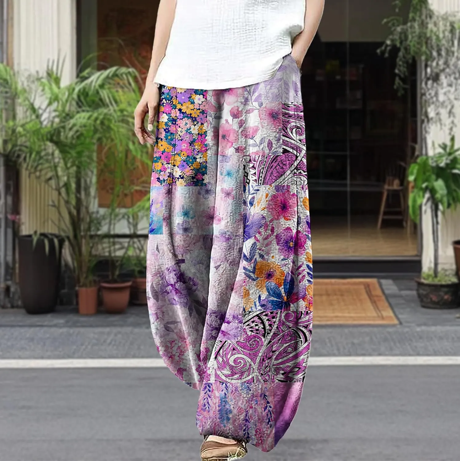 Wide Leg Patchwork Pants for Women Dressy Casual Palazzo Pants Plus Size Elastic Waist Lantern Harem Pants