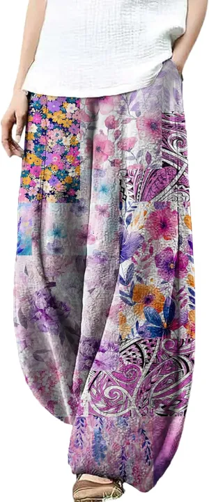 Wide Leg Patchwork Pants for Women Dressy Casual Palazzo Pants Plus Size Elastic Waist Lantern Harem Pants
