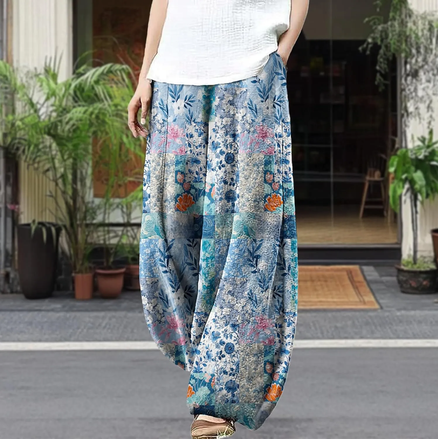 Wide Leg Patchwork Pants for Women Dressy Casual Palazzo Pants Plus Size Elastic Waist Lantern Harem Pants